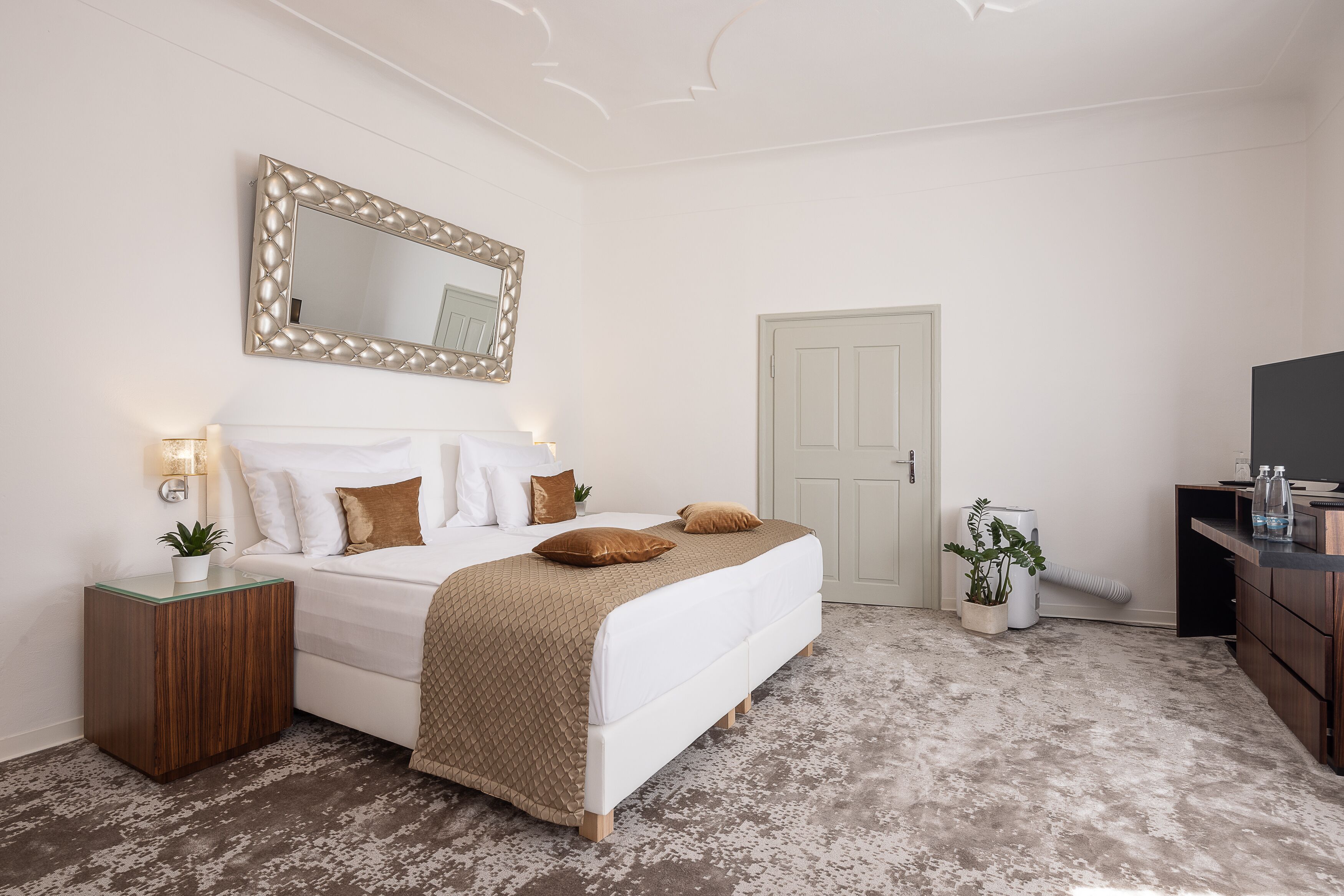 Un dormitorio con cama, mesita de noche, espejo, puerta, cómoda y plantas en macetas.