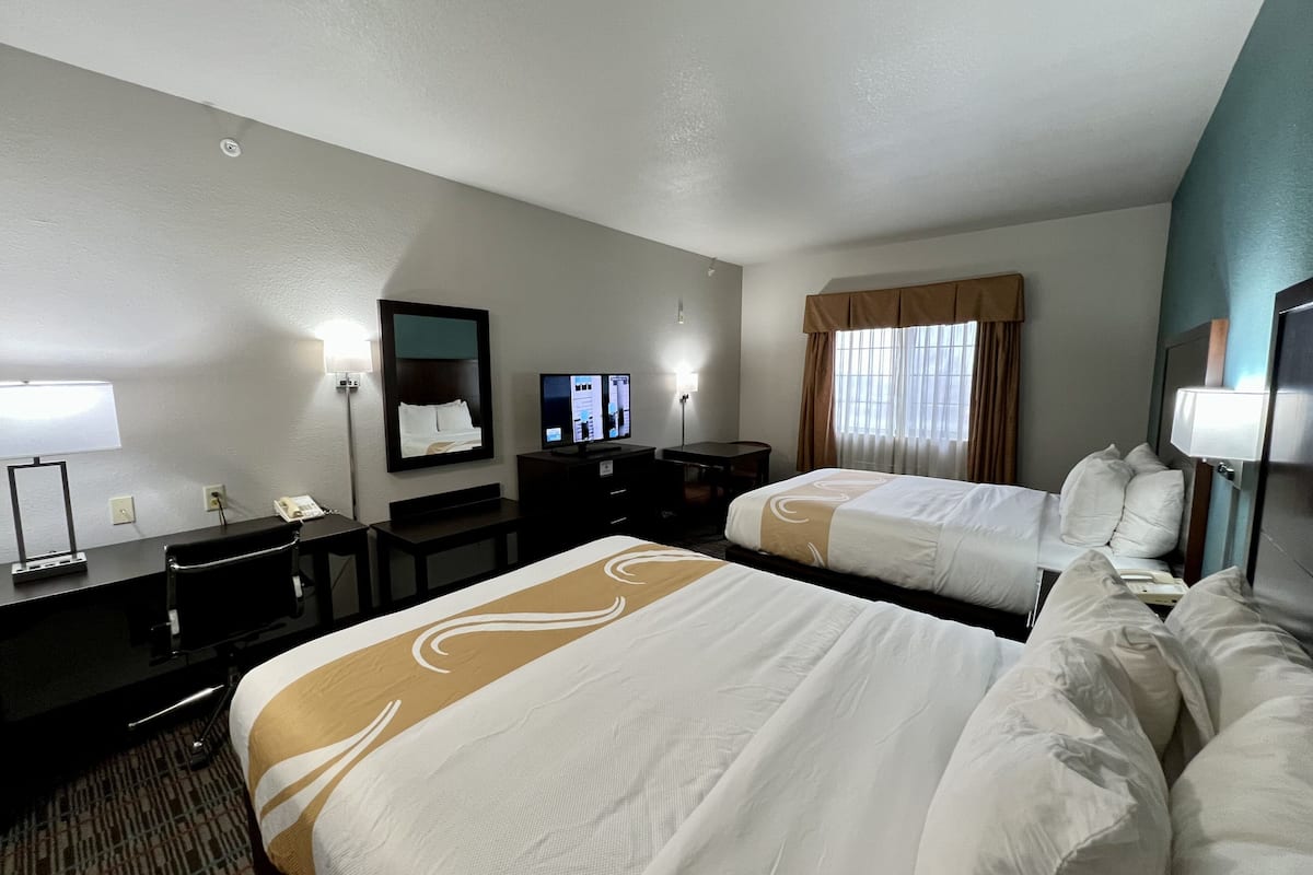 standard room, 2 queen beds, non smoking | premium bedding, in-room safe, desk, laptop workspace