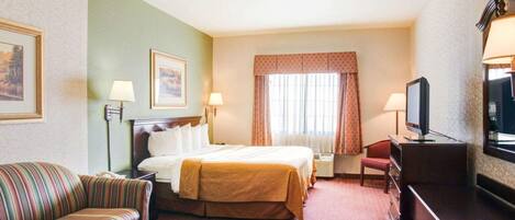 A hotel room with a bed, a sofa, a TV, and a desk.