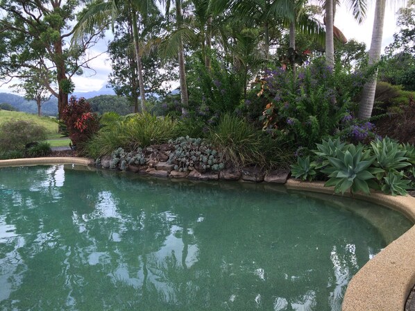 Una piscina al aire libre, tumbonas