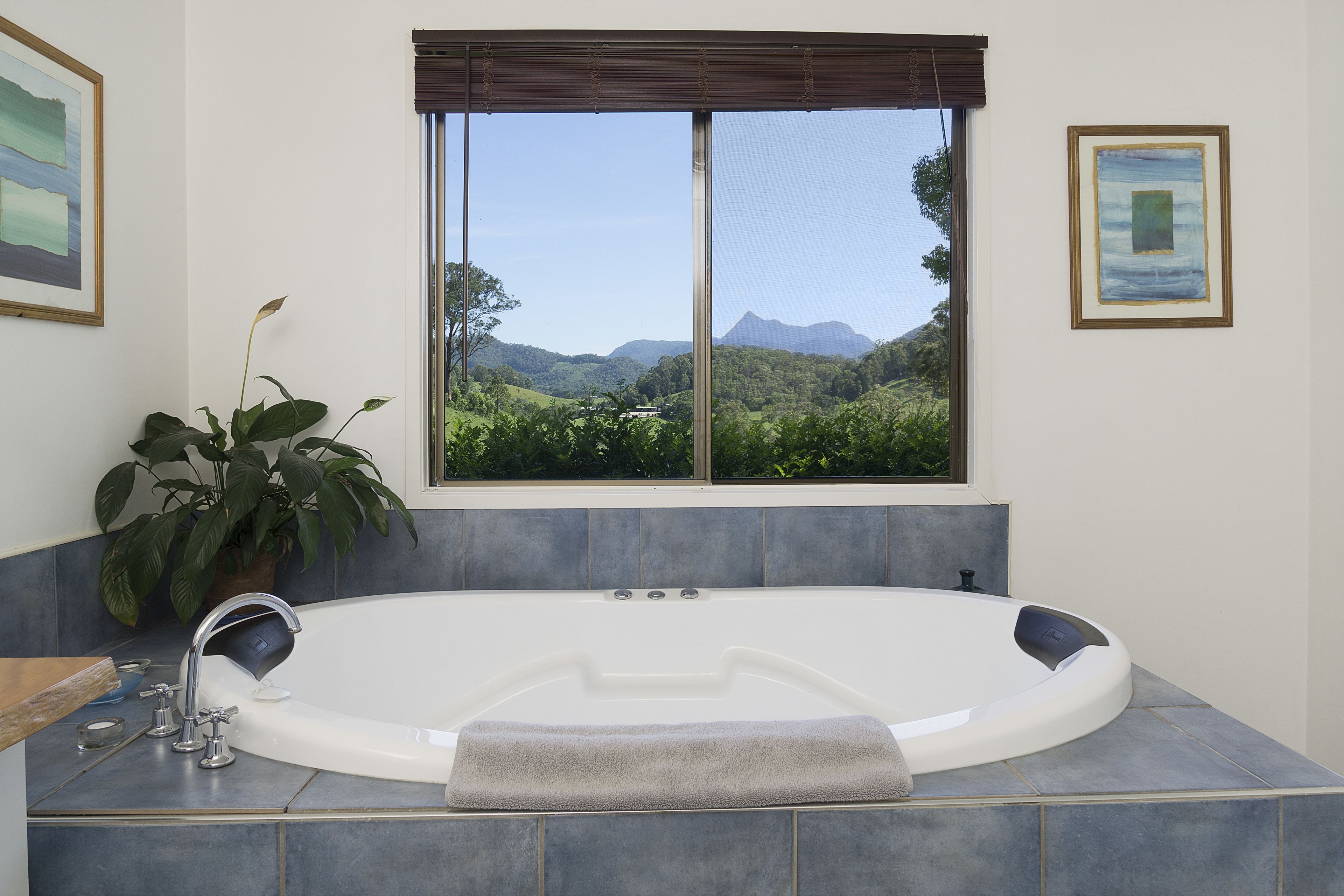 A bathroom with a large bathtub, a window with a view of greenery and mountains, and a potted plant.