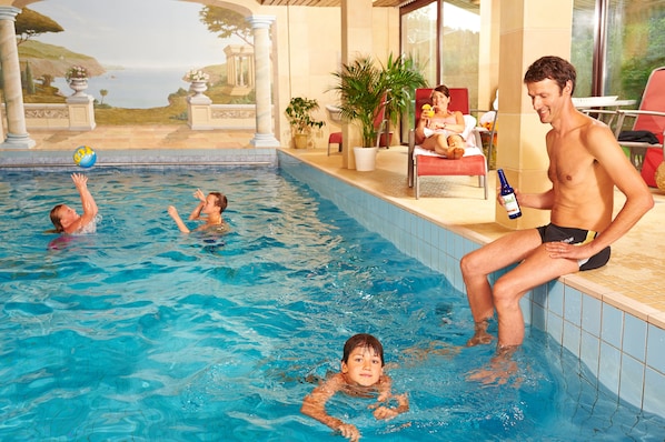 Indoor pool, open 7:30 AM to 9:30 PM, sun loungers