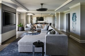 Presidential Suite, 1 King Bed with Sofa bed,  Pool View | Living room | 65-inch LCD TV with satellite channels, TV, iPod dock