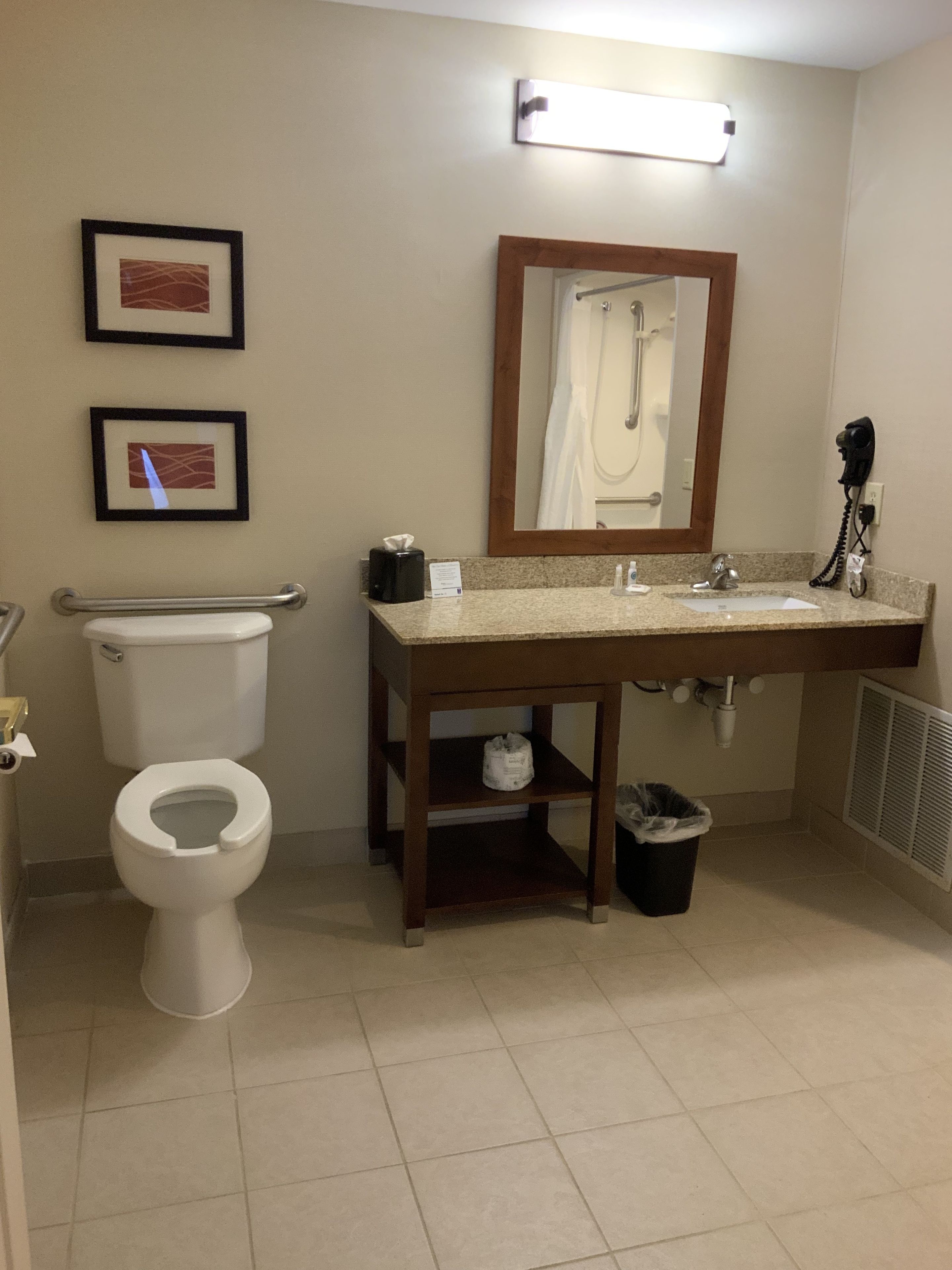 combined shower/bathtub, free toiletries, hair dryer, towels