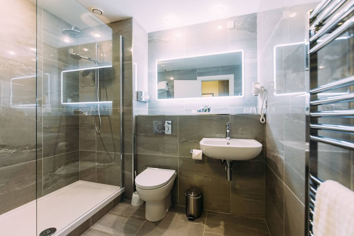 combined shower/bathtub, free toiletries, hair dryer, towels