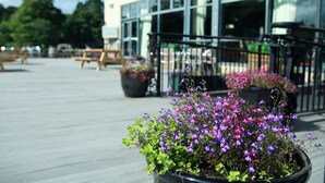 A courtyard with outdoor seating, potted plants, and a building with large windows. - Armagh City Hotel (Armagh)