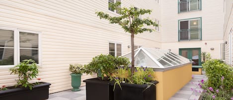 Een binnentuin met potplanten en een oranjetuin.