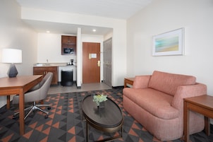 Una habitación de hotel con sofá, una mesa de centro con planta, escritorio con lámpara, kitchenette y puerta que conduce a otra habitación.