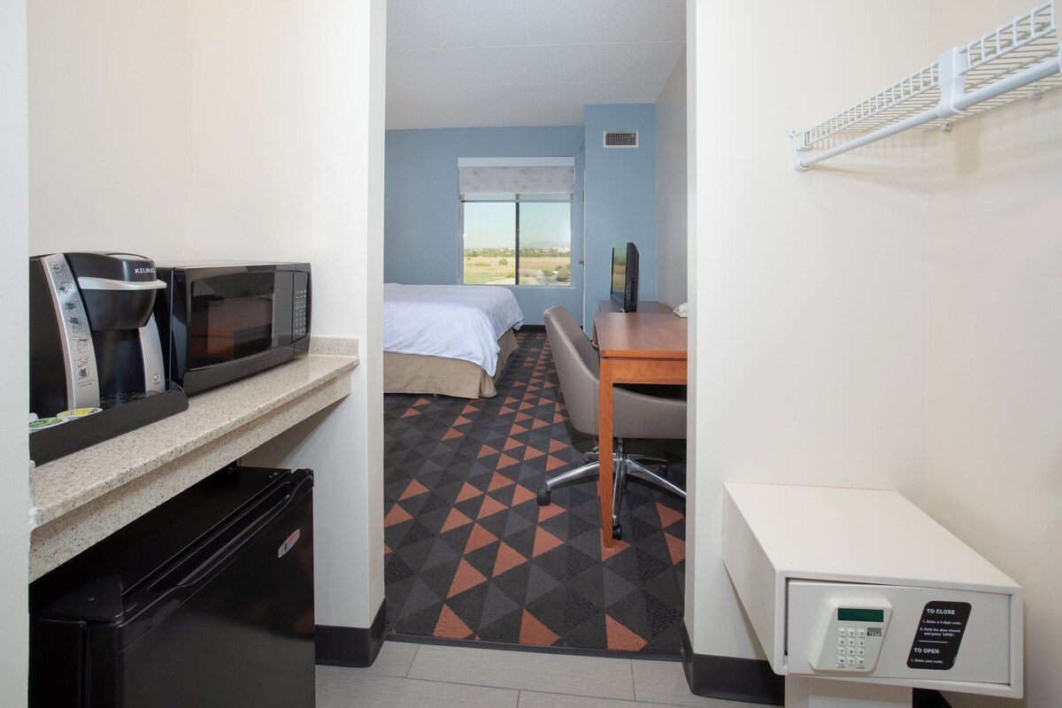 A hotel room with a bed, a desk, a microwave, a refrigerator, and a window with a view.
