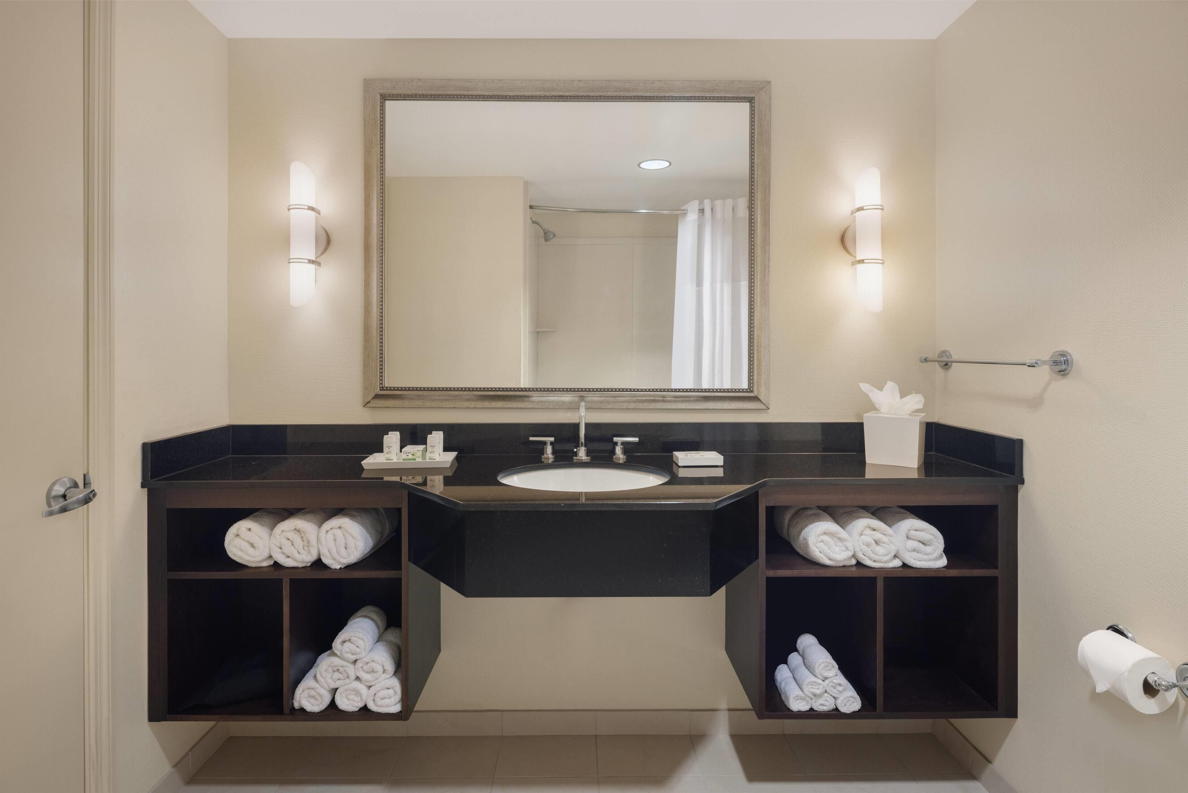 A bathroom with a large mirror, two sinks, towel racks, and a toilet paper holder.