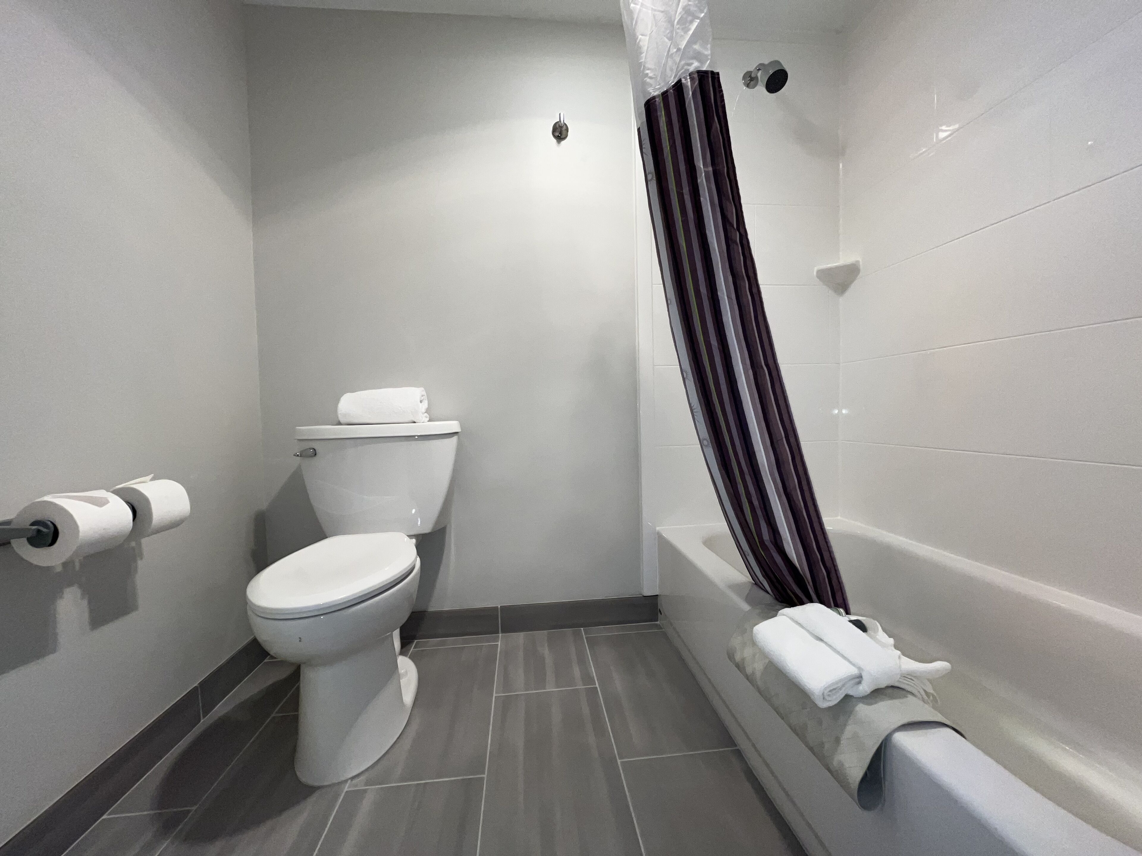 Une salle de bain comprenant des toilettes, un rouleau de papier toilette, une baignoire avec une serviette et un rideau de douche.