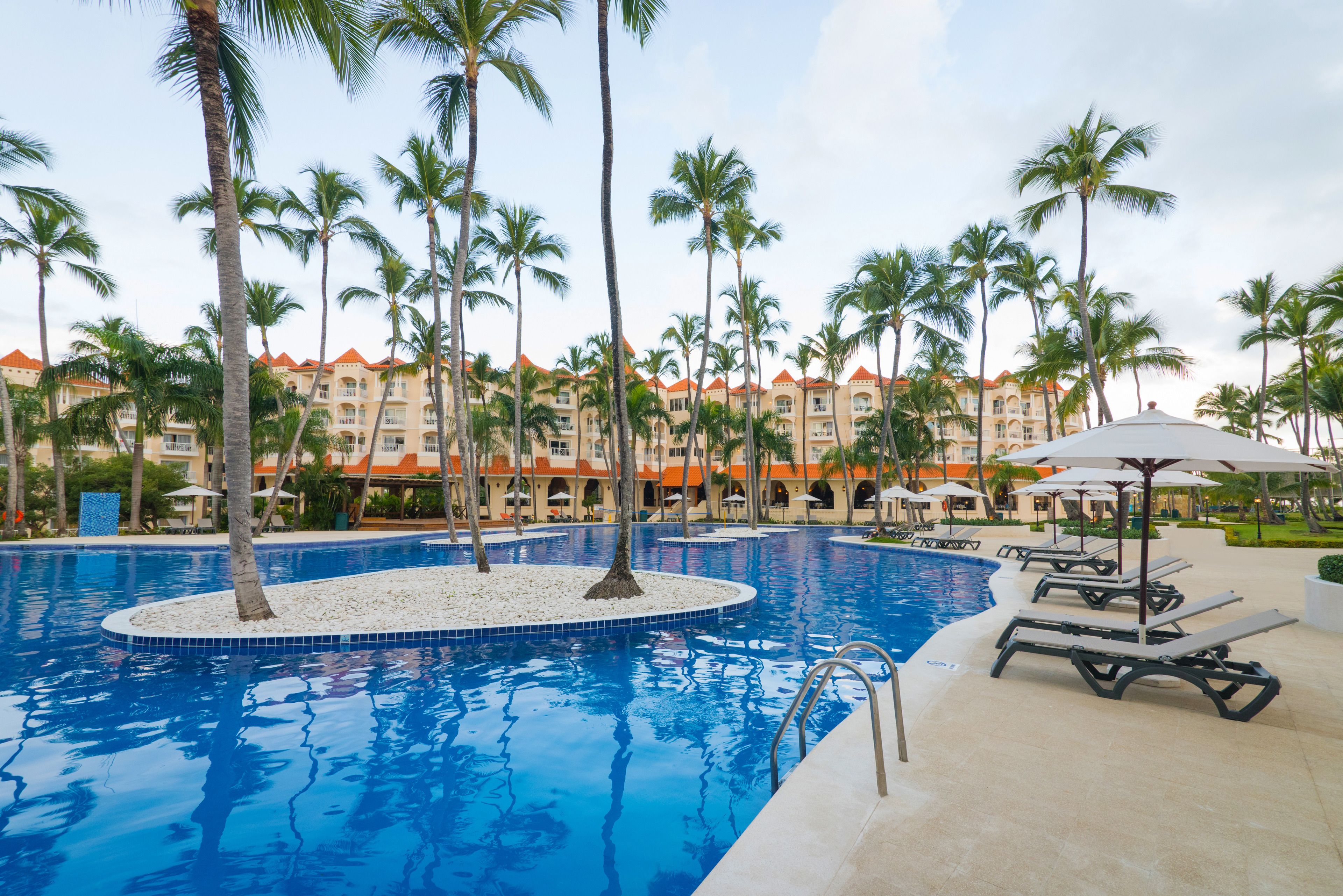 A swimming pool surrounded by palm trees and lounge chairs.