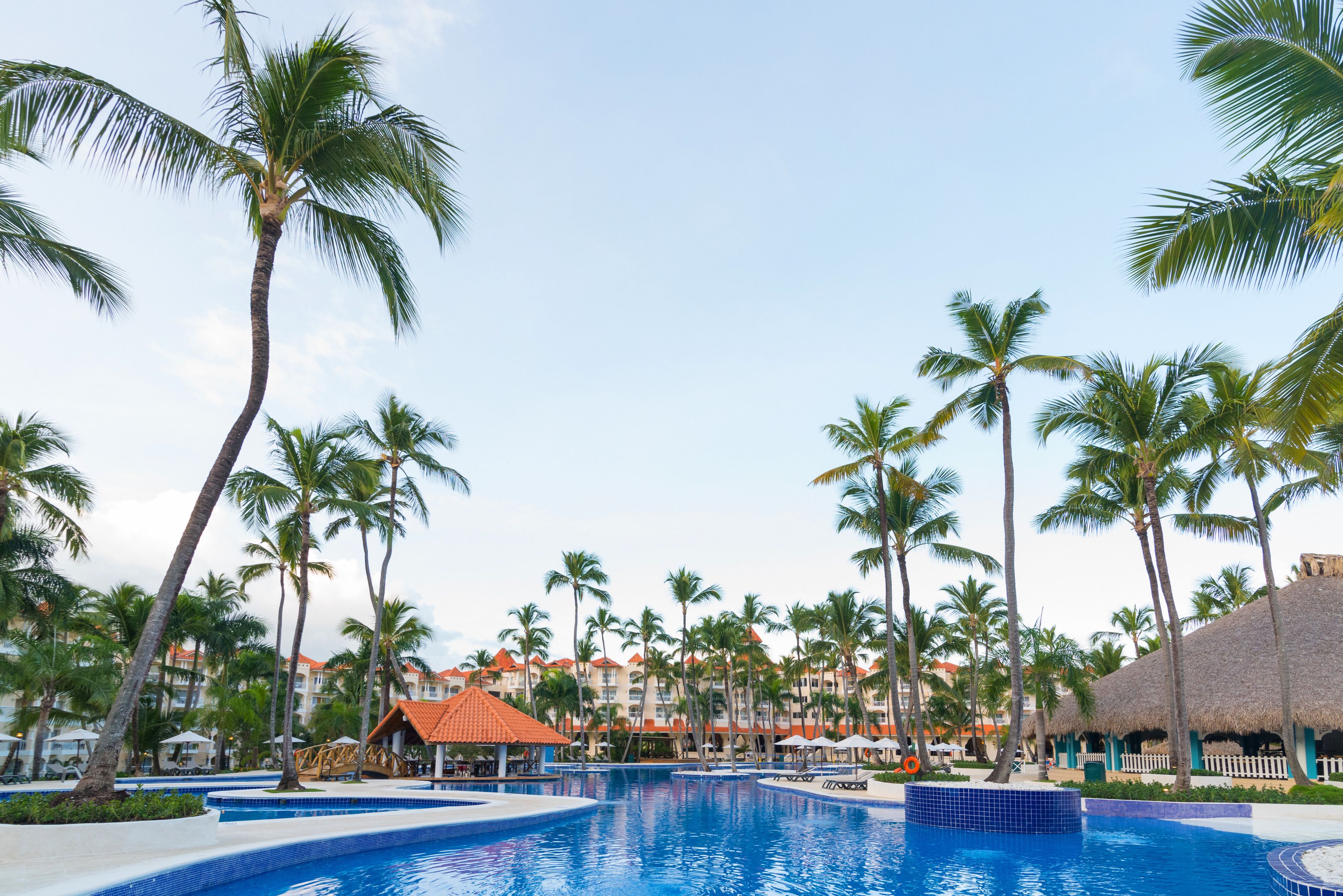 Een zwembadgedeelte van een resort met palmbomen, een constructie met rieten dak en een zwembad met blauwe tegels.