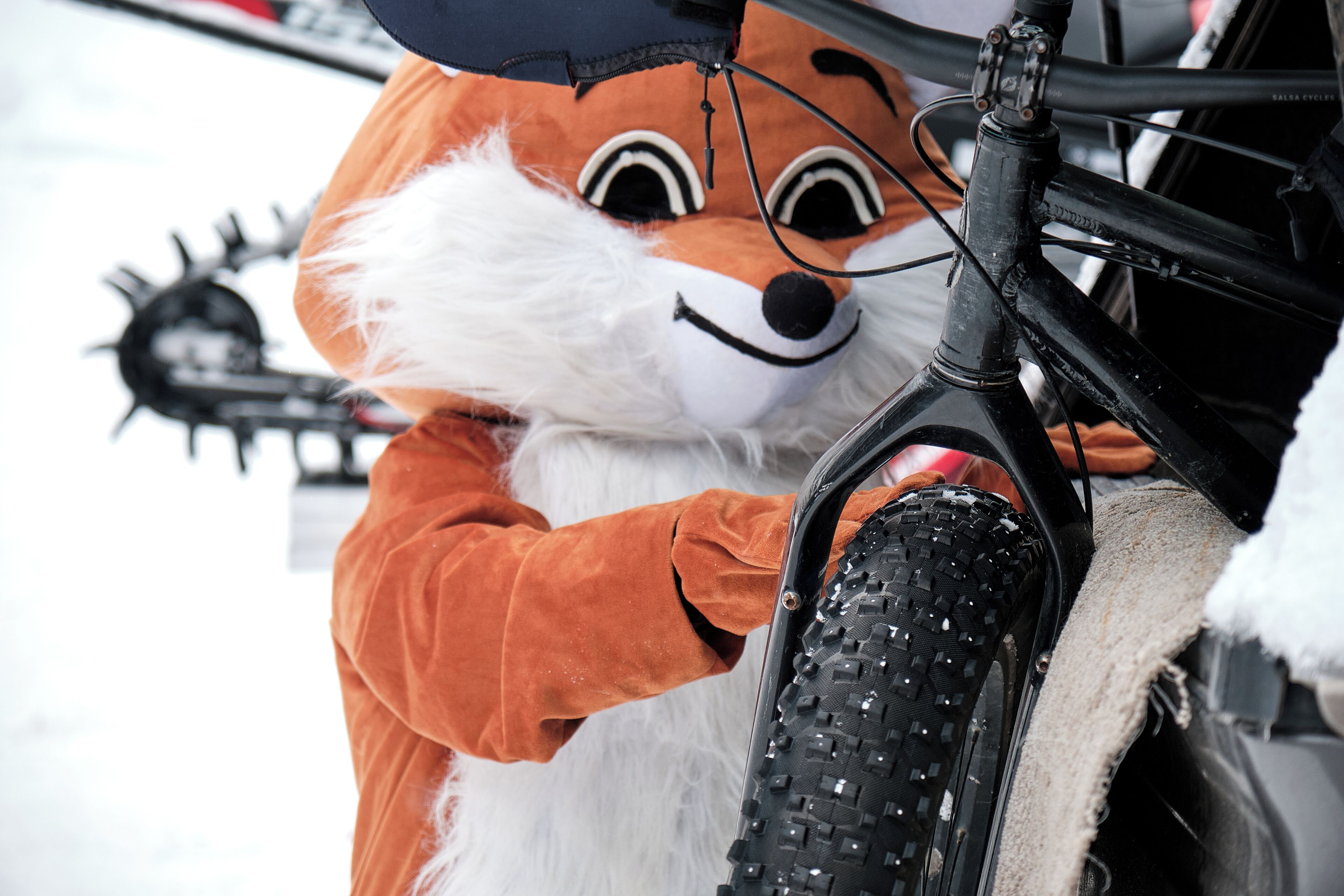 A person in a fox costume holding a bicycle.
