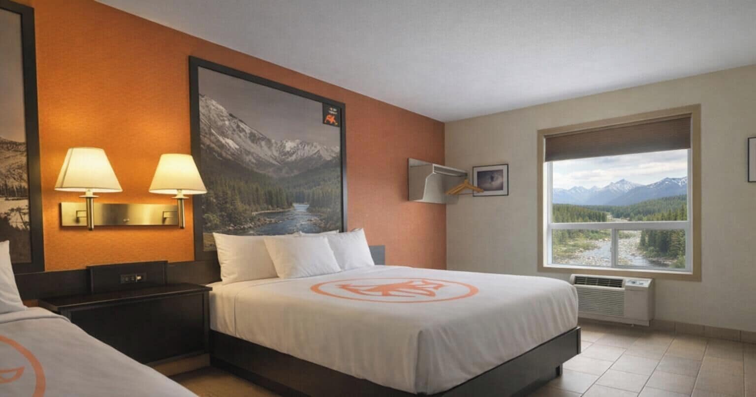 A hotel room with a bed, two bedside lamps, a large window with a mountain view, and a poster on the wall.