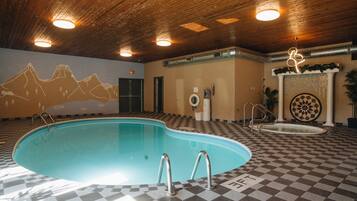 Indoor pool, open 2:00 PM to 10:00 PM, sun loungers