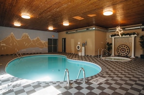 Indoor pool, open 2:00 PM to 10:00 PM, sun loungers