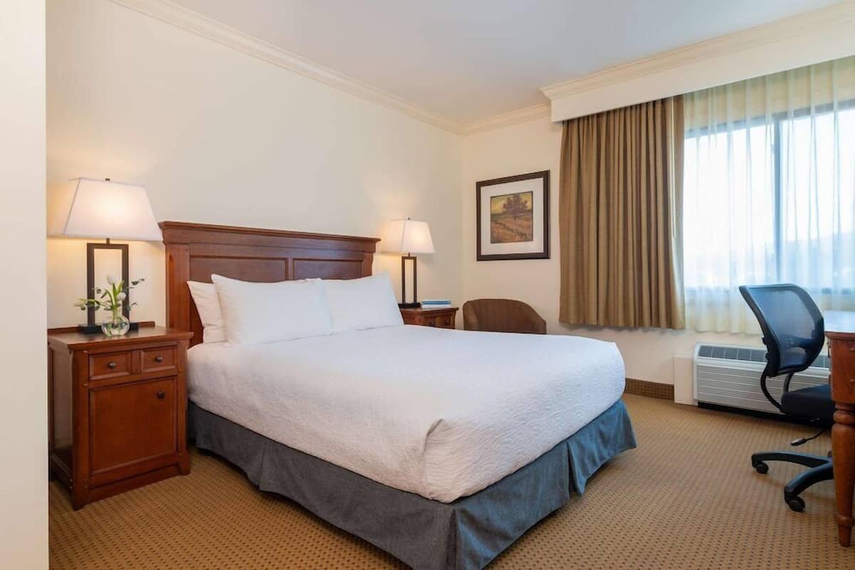 Une chambre d’hôtel avec un grand lit, deux tables de chevet avec des lampes, un bureau avec une chaise et une fenêtre avec des rideaux.