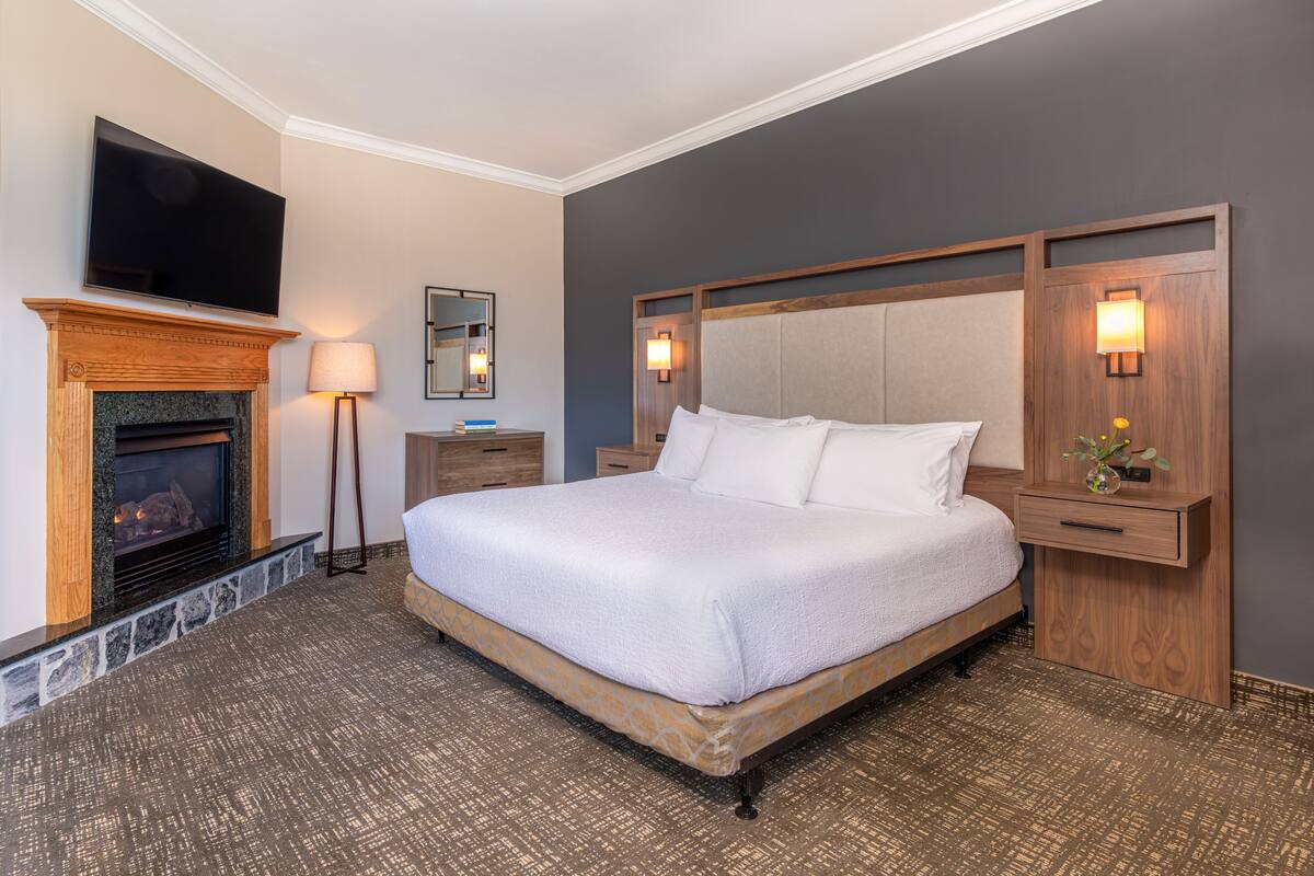Une chambre d’hôtel avec un grand lit, une cheminée, un téléviseur à écran plat et une table de chevet avec une lampe.