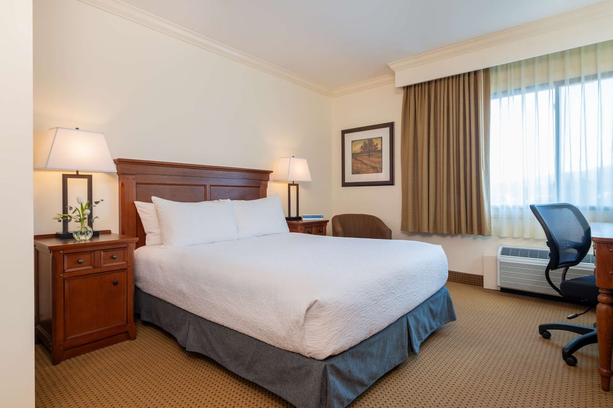 Une chambre d’hôtel avec un grand lit, deux tables de chevet avec des lampes, un bureau avec une chaise et une fenêtre avec des rideaux.