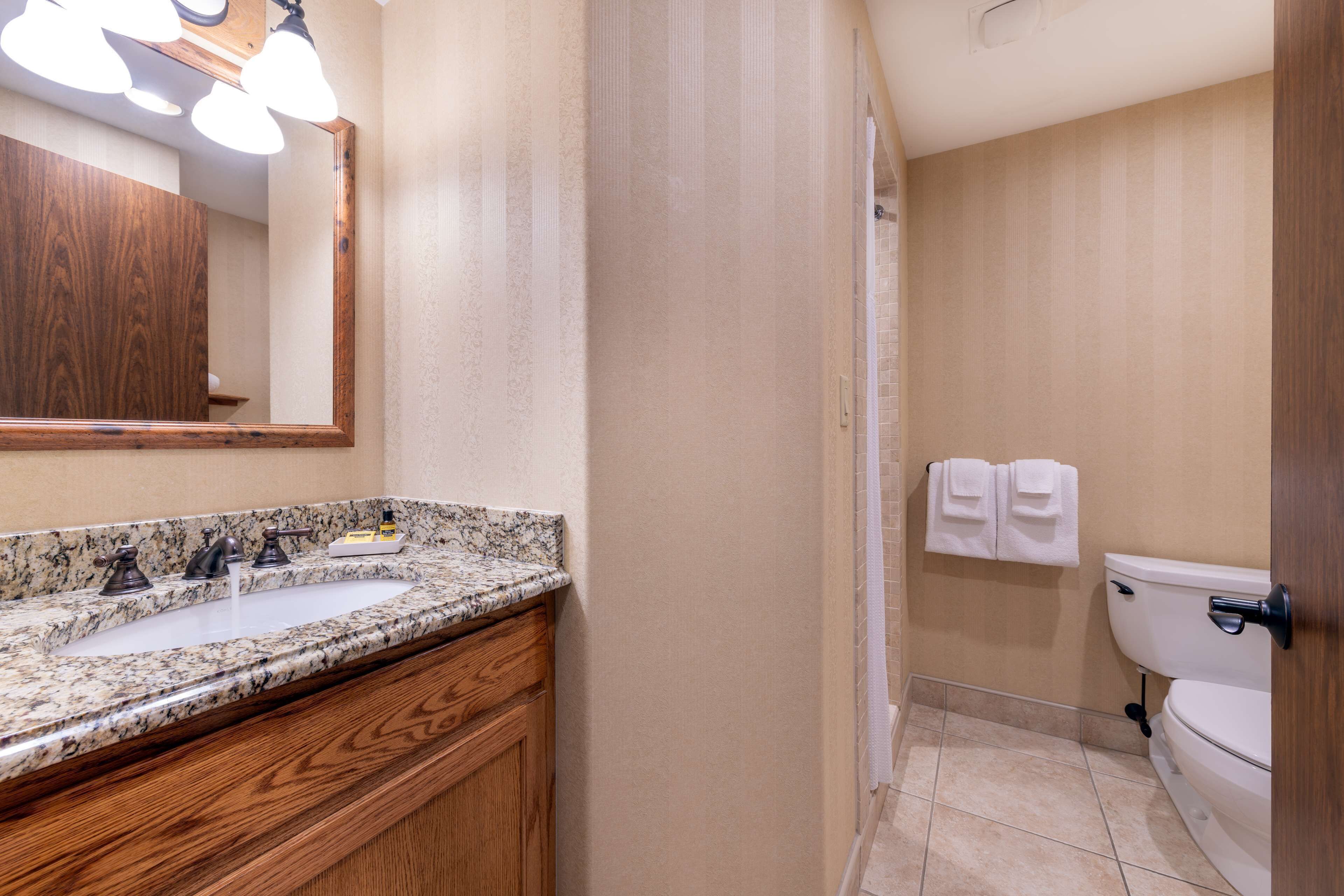 A bathroom with a granite countertop sink, wooden vanity, a mirror, and a toilet.