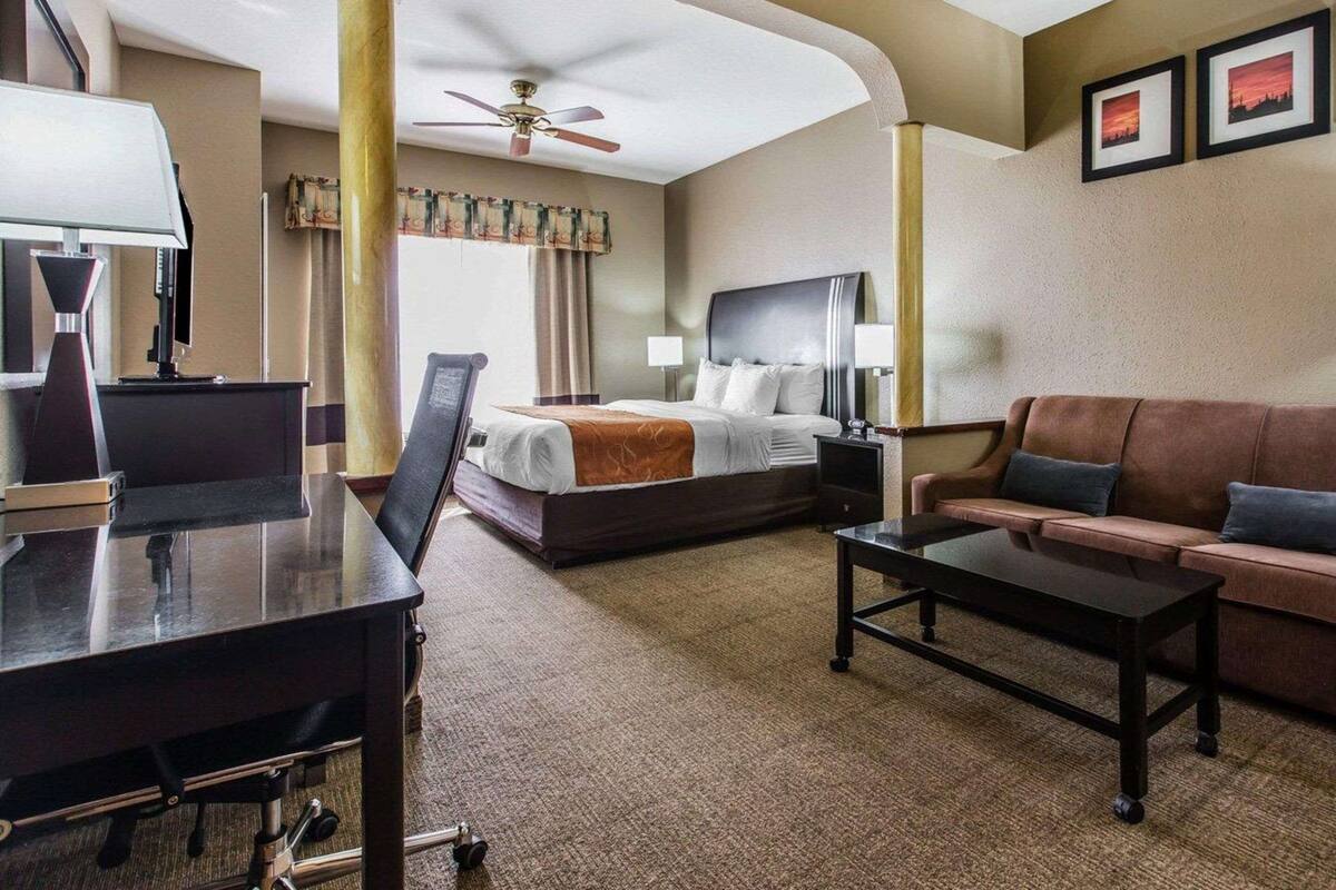 A hotel room with a bed, a desk, a chair, a sofa, a coffee table, a TV, and a ceiling fan.