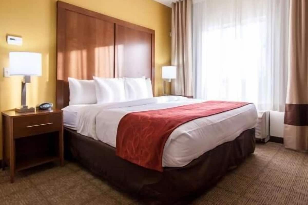 A hotel room with a bed, bedside tables, a lamp, and curtains.