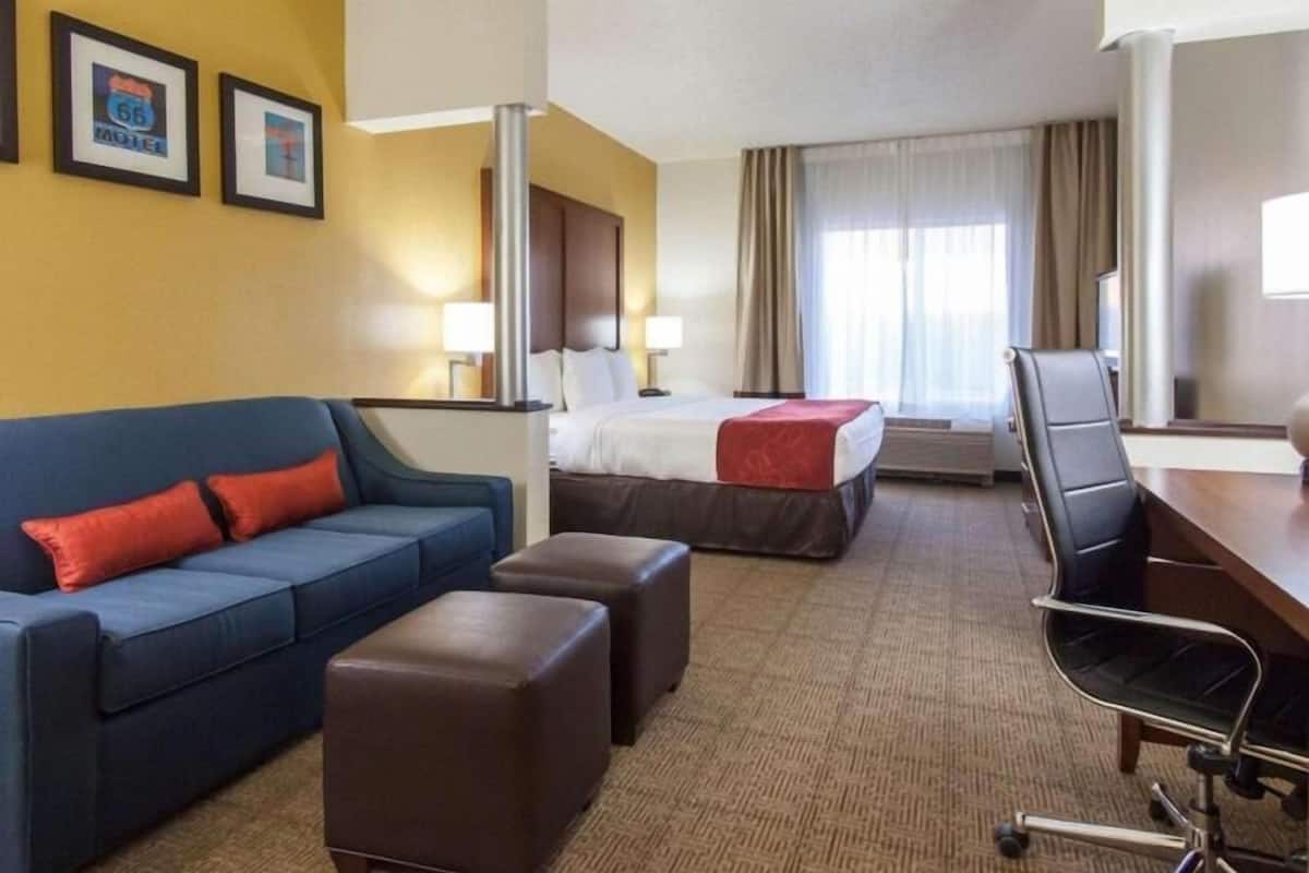 A hotel room with a bed, a sofa, a desk, and a chair.