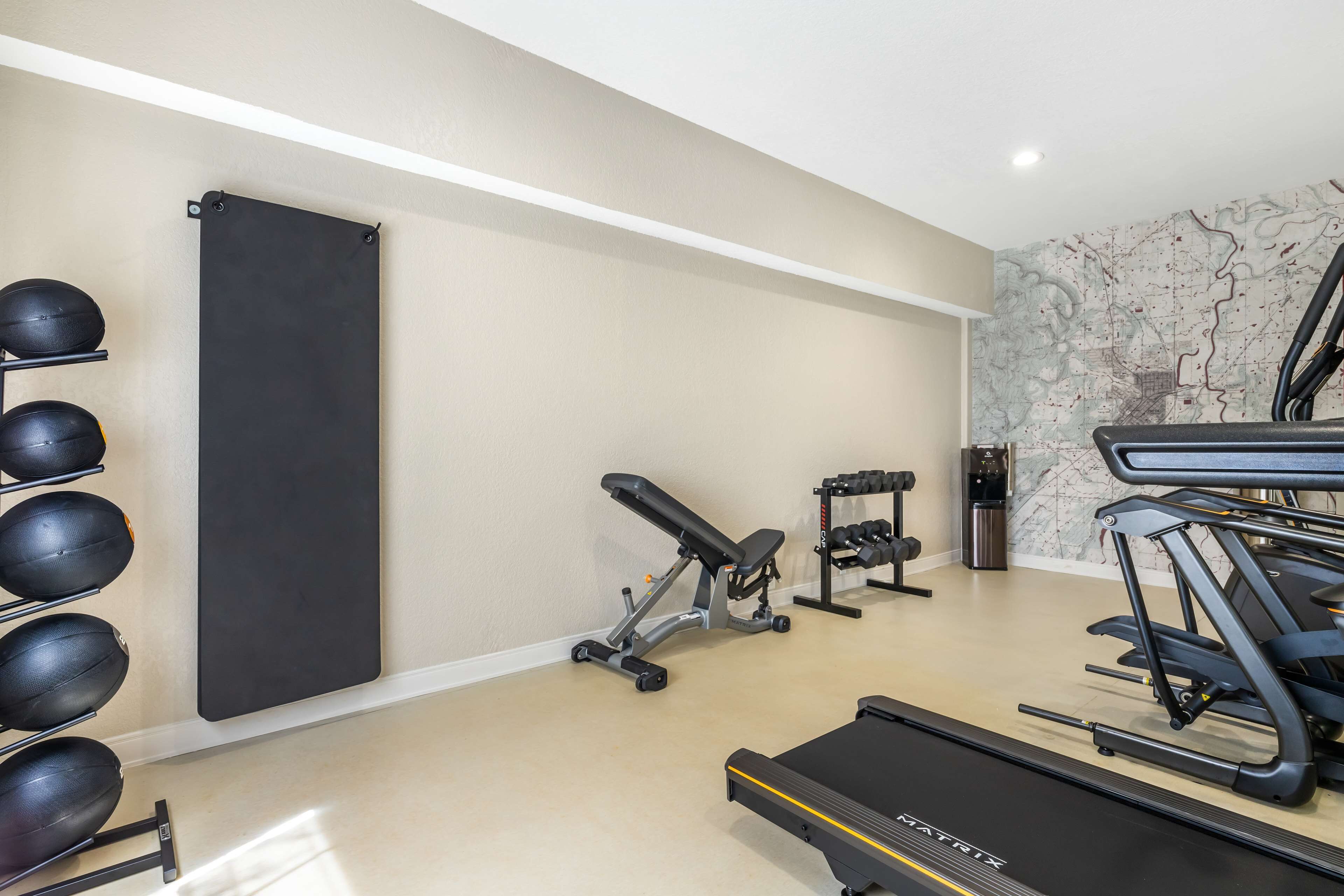 Une salle de sport à domicile équipée d’un tapis de course, d’un banc d’exercices et d’un support à poids.