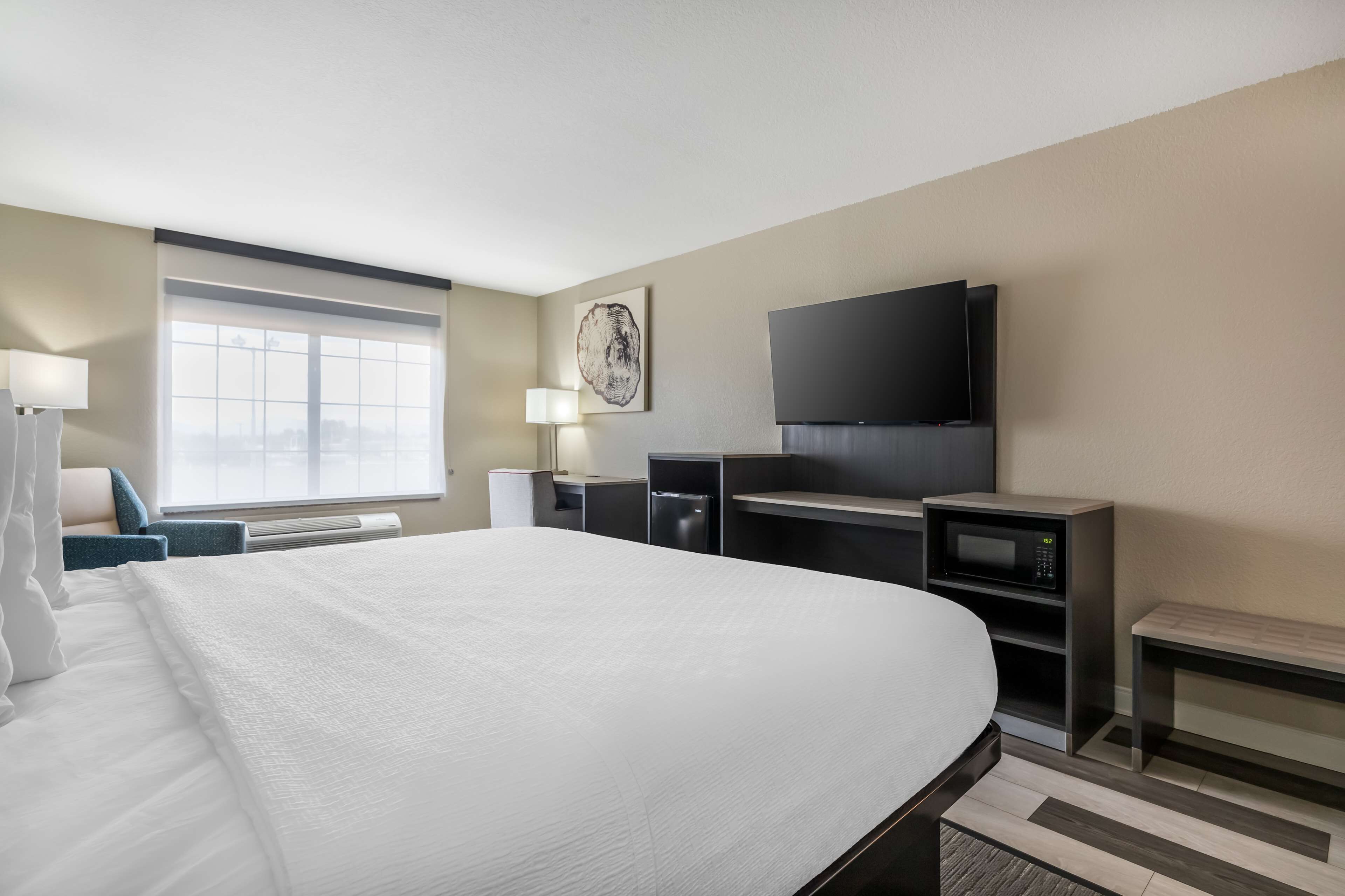A hotel room with a large bed, a flat-screen TV, a microwave, and a desk with a lamp.