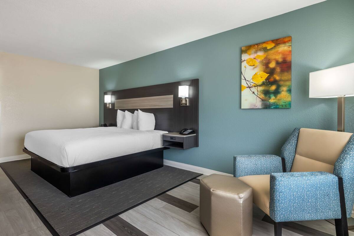Quarto de hotel moderno com cama, mesa de cabeceira, abajur e um quadro na parede.