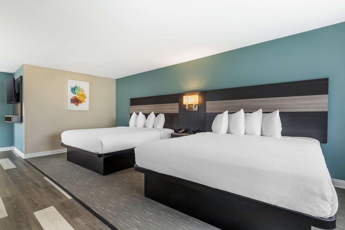 Quarto de hotel com duas camas, uma televisão, um quadro e uma mesa de cabeceira com abajur.