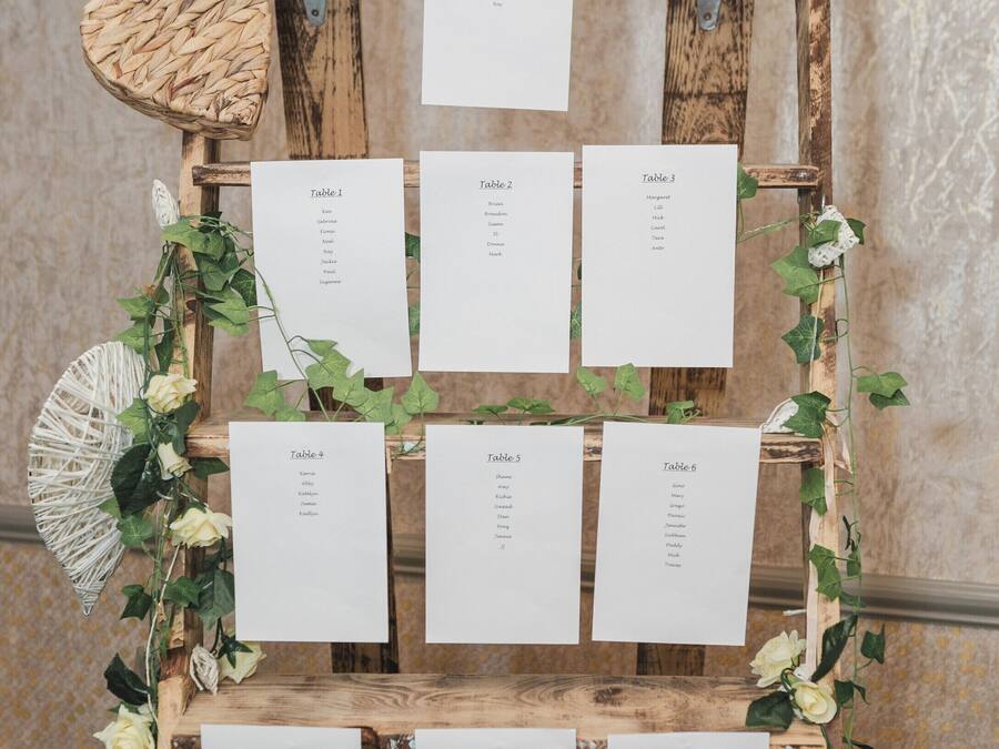 A wooden table display with multiple table cards, each listing names and seating arrangements.
