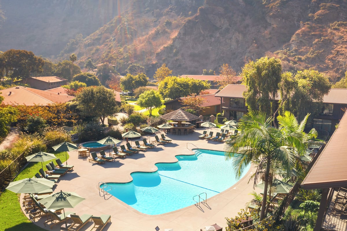 outdoor pool, pool umbrellas, pool loungers