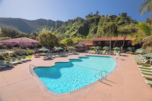Outdoor pool, pool umbrellas, pool loungers