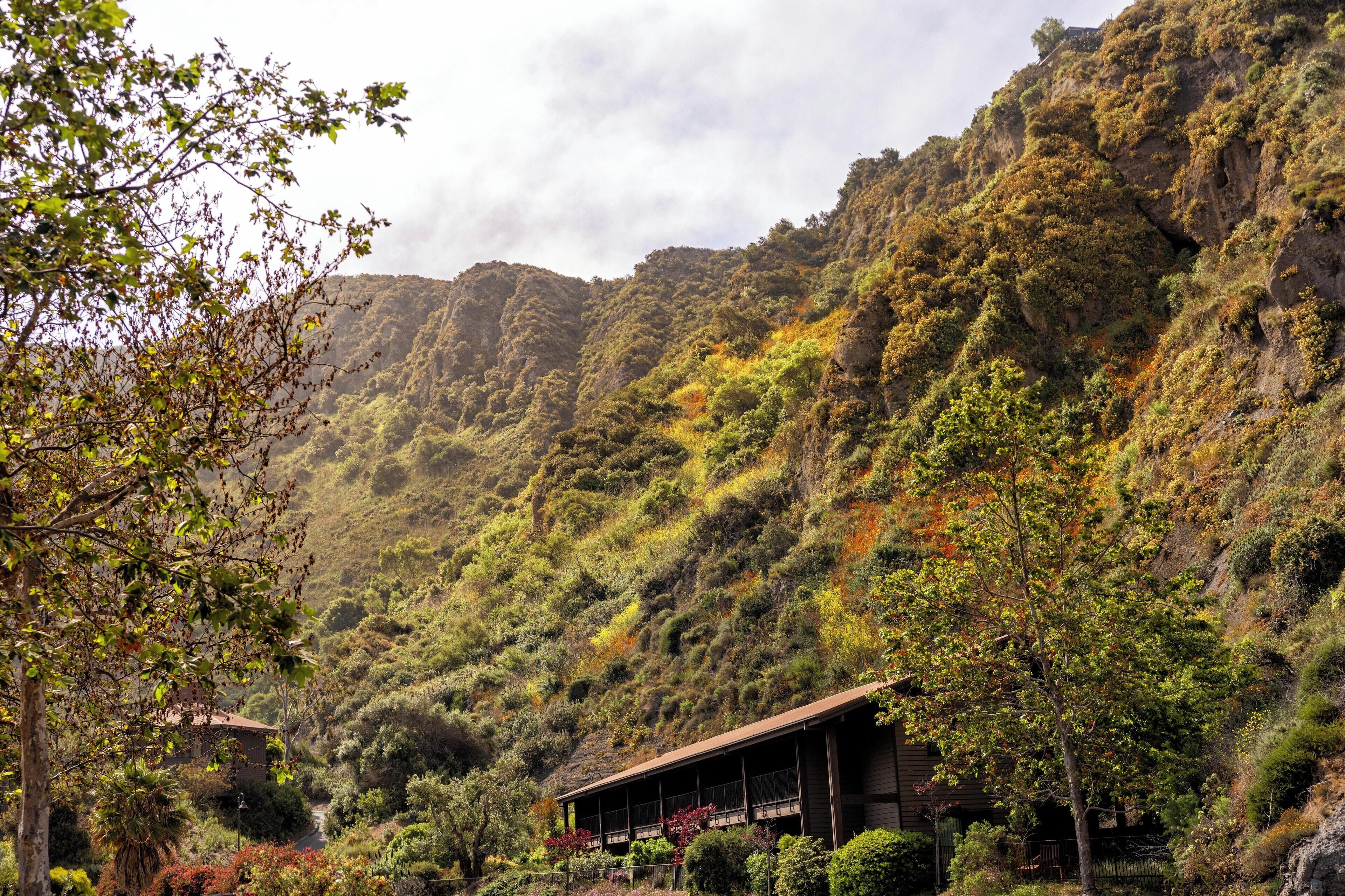 A traditional wooden building with a balcony, surrounded by lush greenery and hills.
