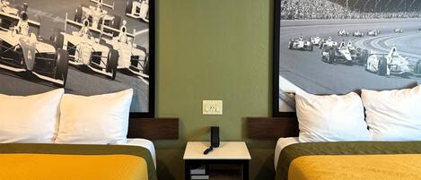 Desk, laptop workspace, blackout drapes, iron/ironing board