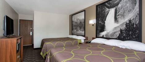 A hotel room with two beds, a TV, a desk, and a large waterfall painting on the wall.