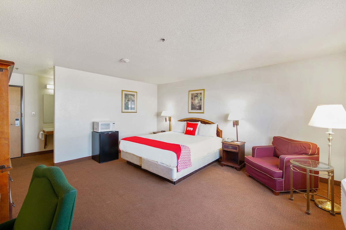 A hotel room with a bed, a desk, a chair, a lamp, and a microwave.