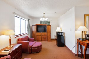 Habitación de hotel con sofá, televisión, escritorio, lámpara y microondas.