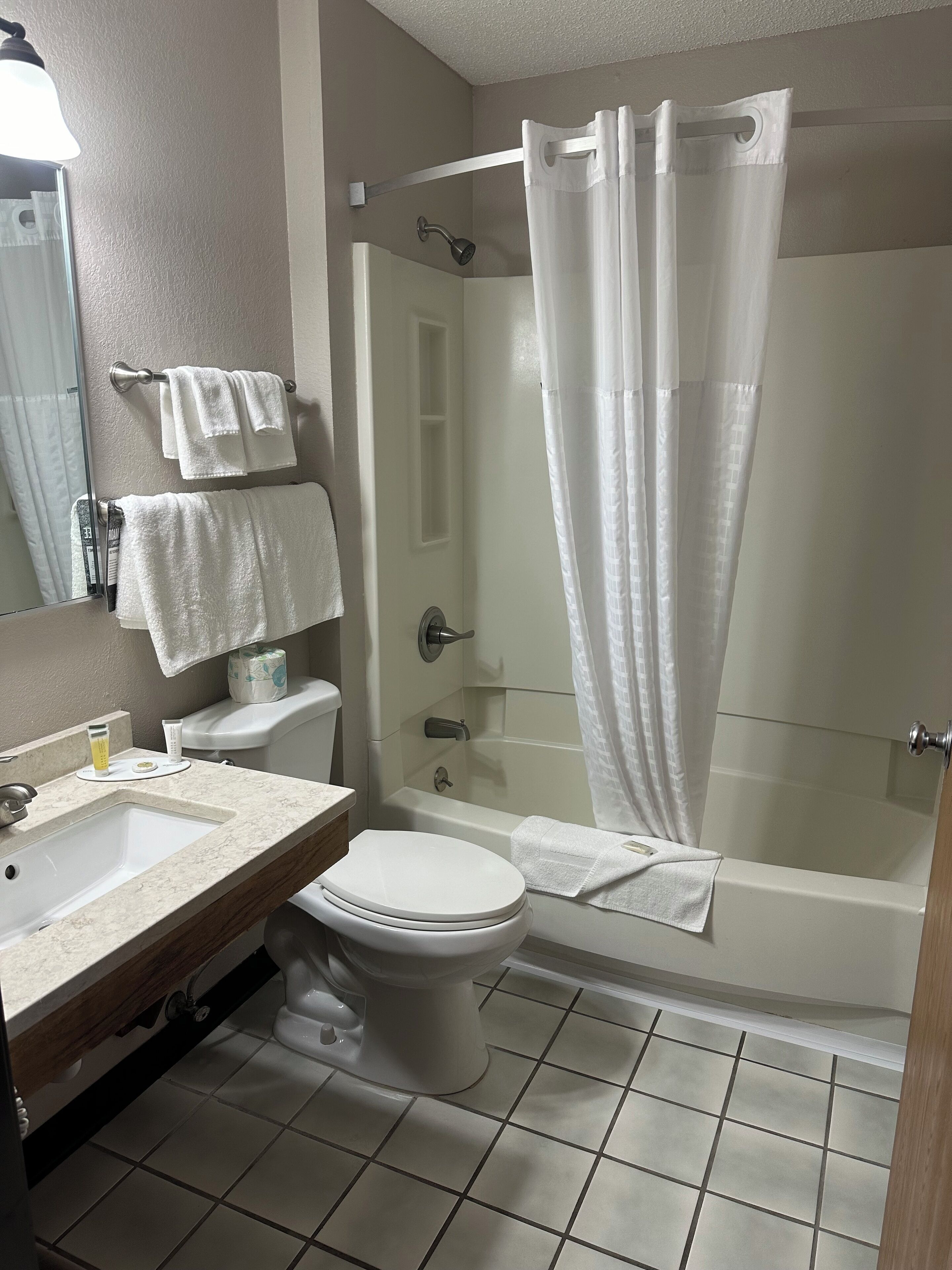 Un baño con inodoro, lavamanos y ducha.