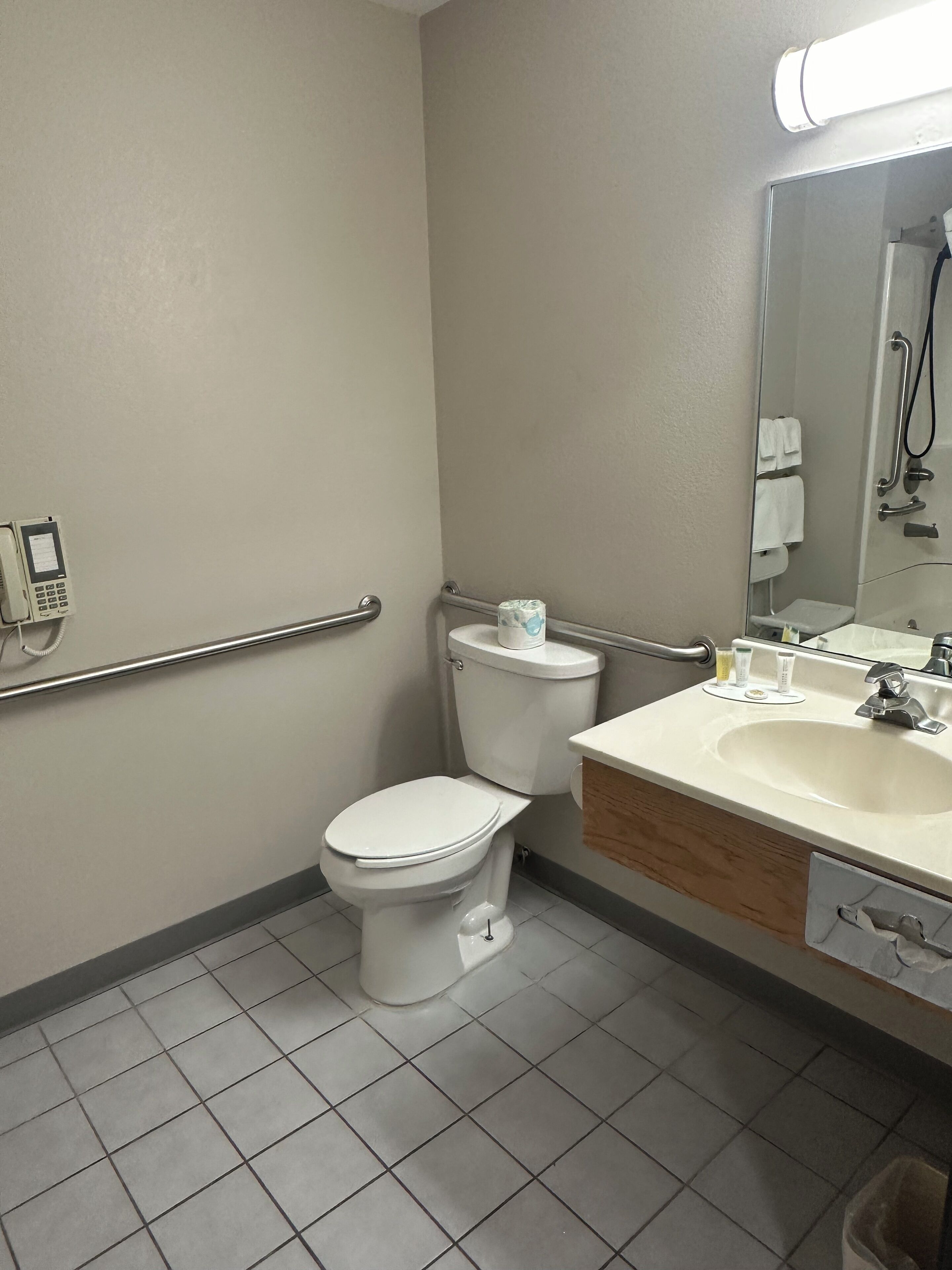 Een badkamer met toilet, wastafel, spiegel en een handgreep.