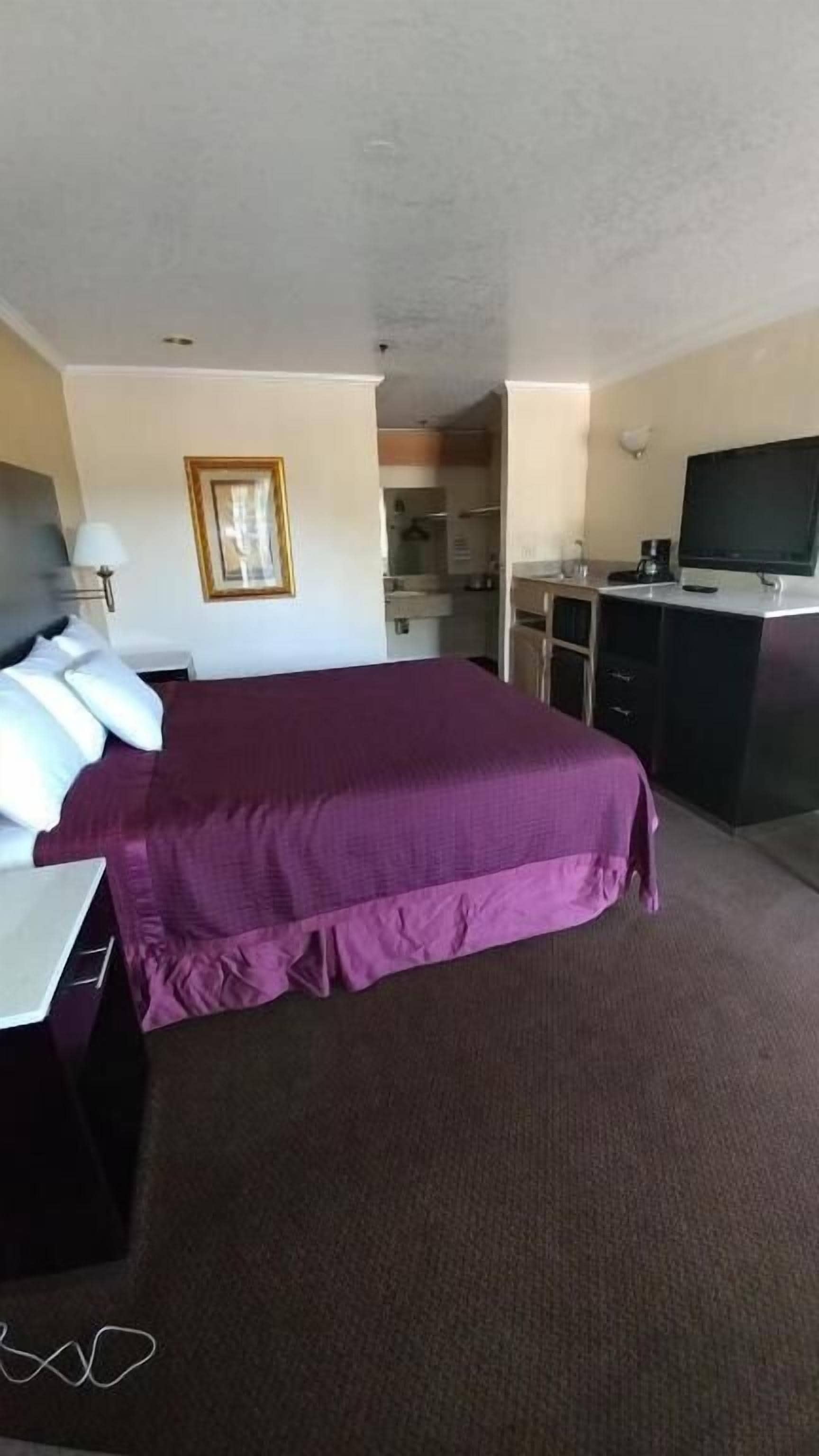 Habitación de hotel con cama, escritorio, televisor y kitchenette.