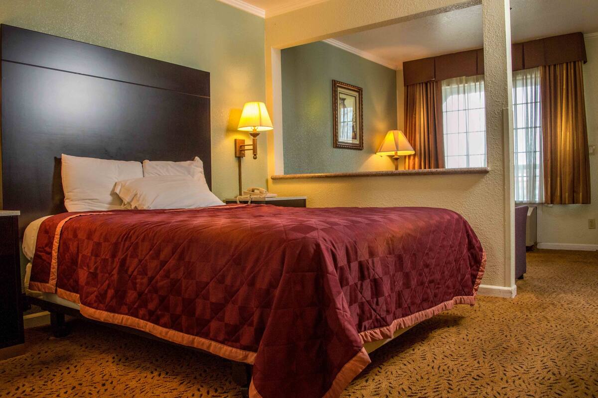 A hotel room with a large bed, two bedside lamps, a nightstand, a mirror, and a window with curtains.