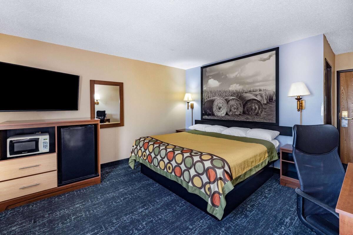 A hotel room with a bed, a desk, a microwave, a TV, and a painting on the wall.
