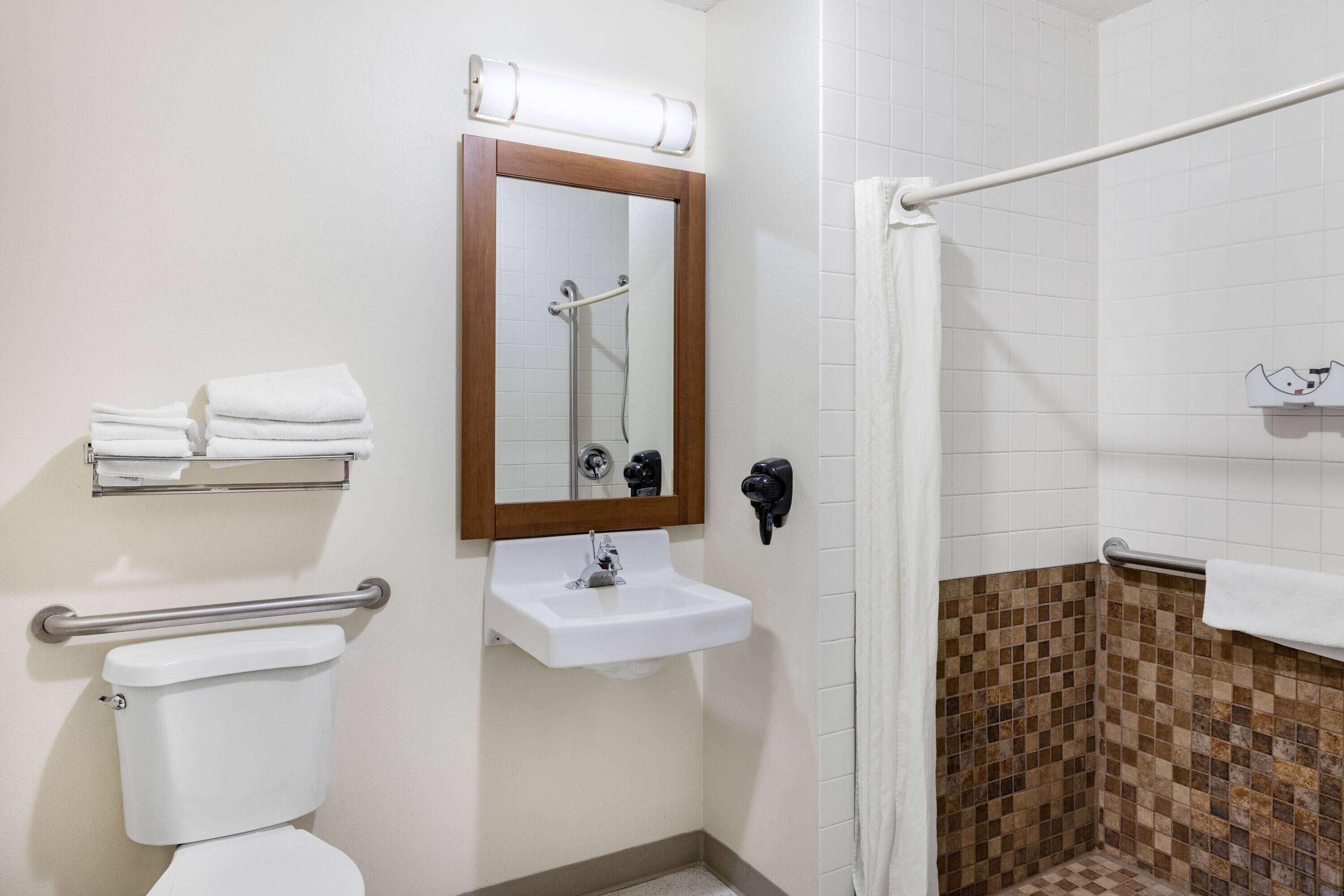 Et badeværelse med toilet, håndvask, spejl, bøjle til håndklæder og bruseområde.