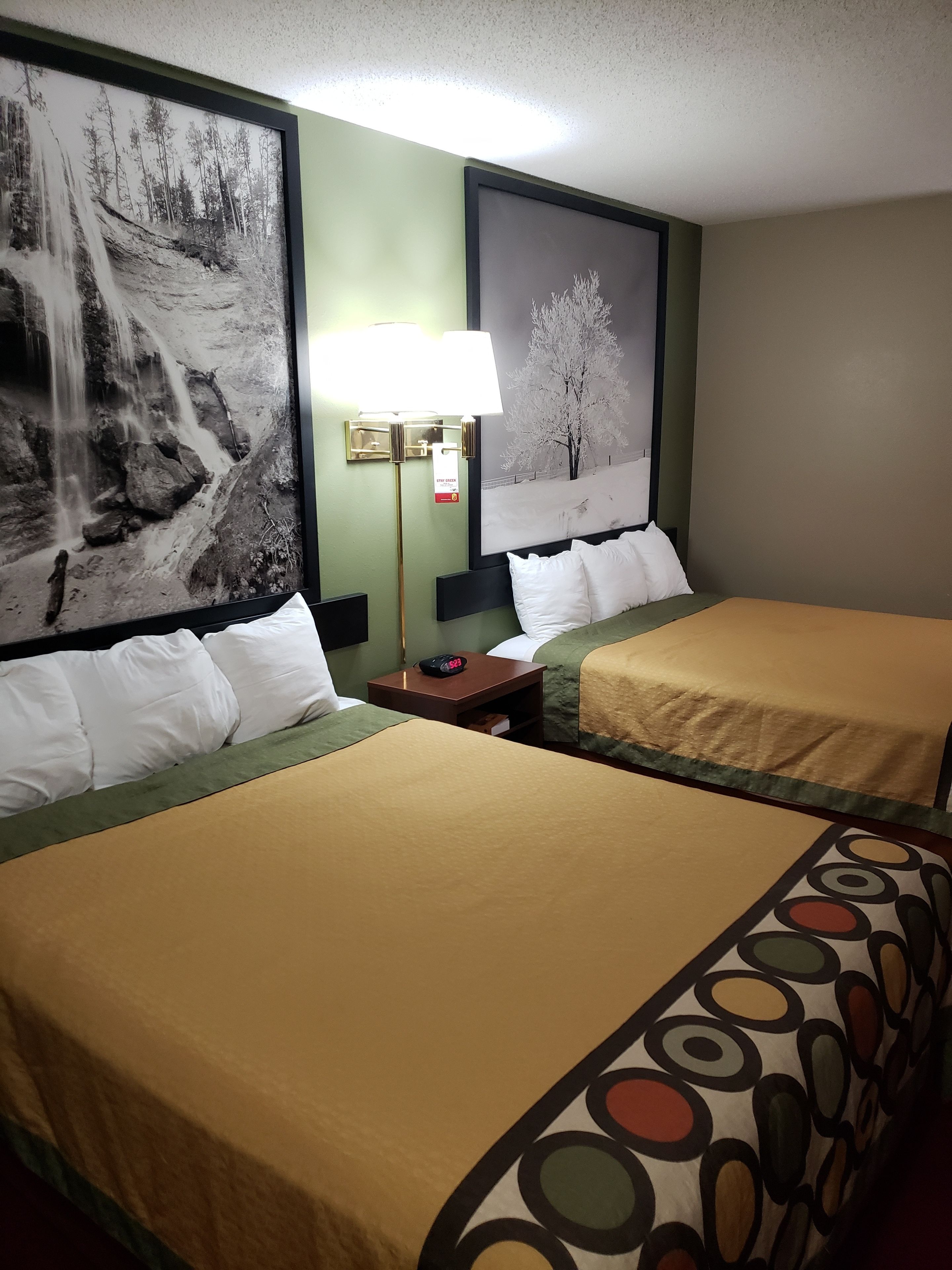 Une chambre d’hôtel avec deux lits, une table de chevet, une lampe et deux grandes images encadrées accrochées aux murs.