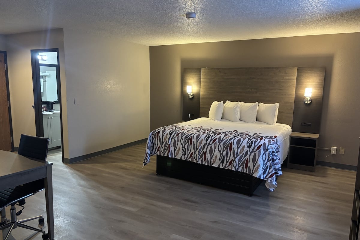 Suite, 1 King Bed, Non Smoking | Desk, laptop workspace, blackout curtains, iron/ironing board