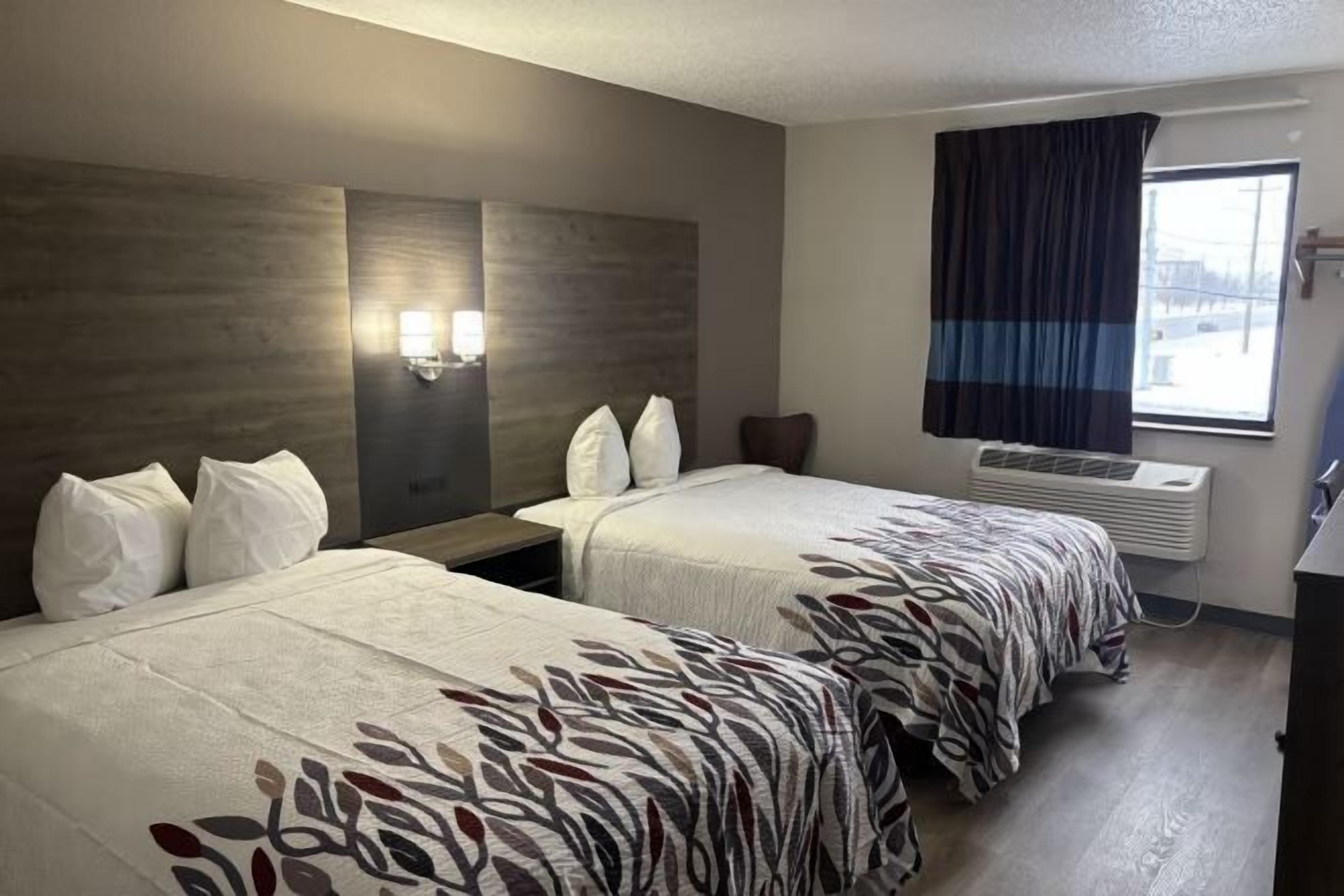 Desk, laptop workspace, blackout curtains, iron/ironing board