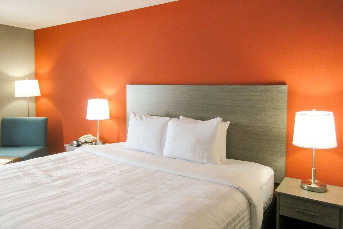 Escritorio, cortinas blackout y tabla de planchar con plancha